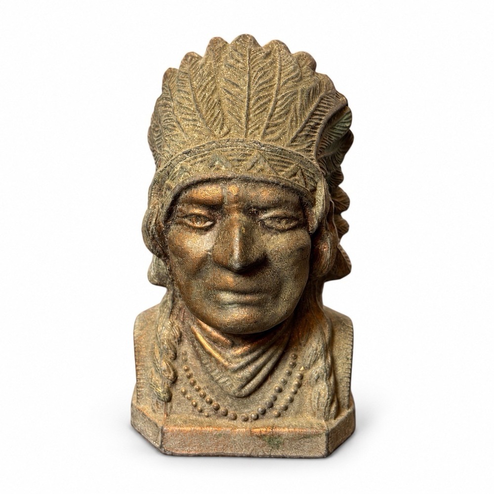 Vintage Native American Indian Chief Bust Coin Bank 5" Bronze Tone Figural Decor